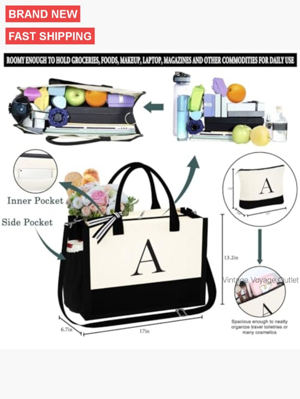 Large Canvas Tote Bag with Makeup Pouch, Adjustable Strap, Waterproof Lining - Picture 4 of 7